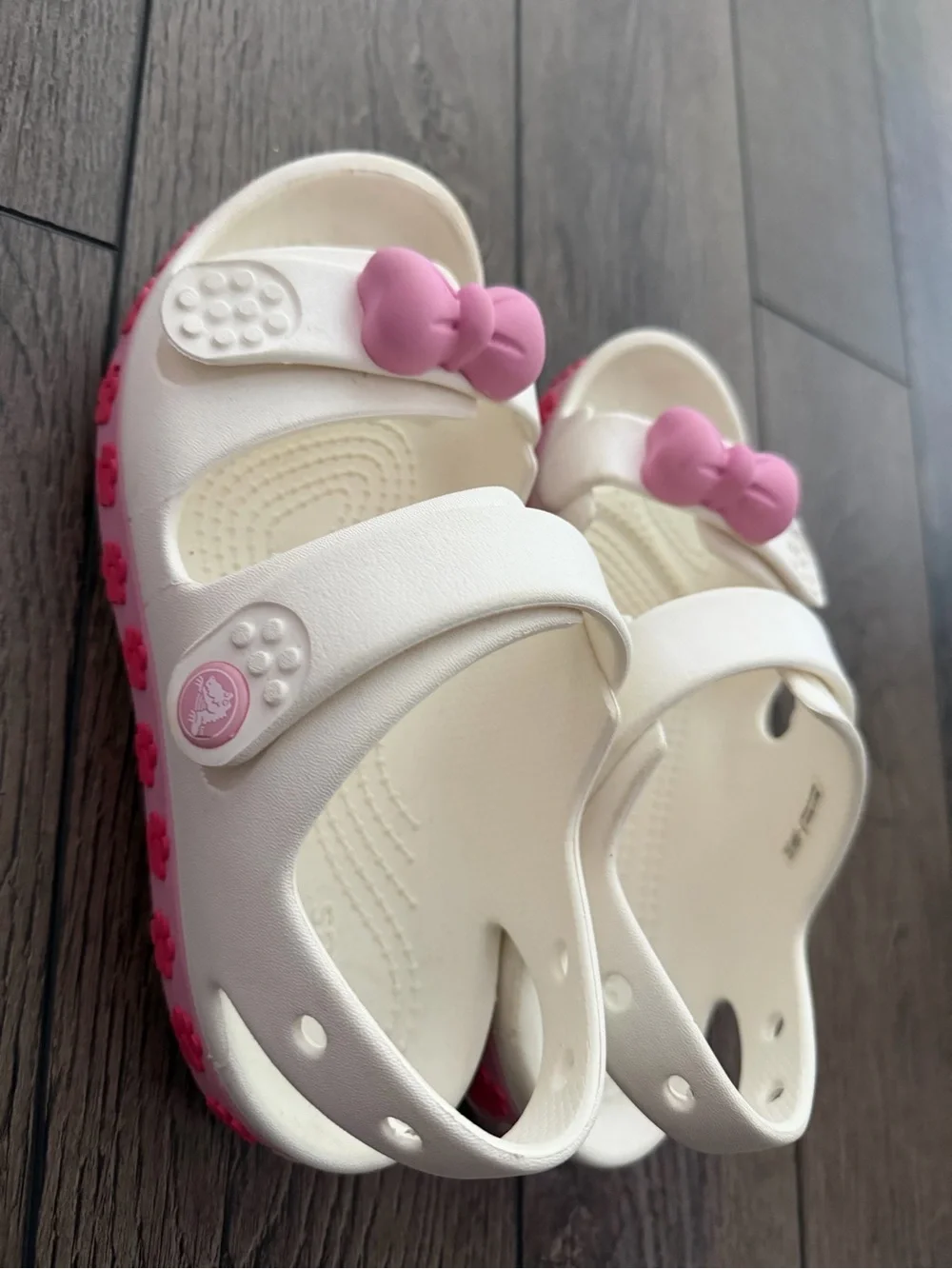 CROCS White Kids Sandals with Pink Bow and Paw-Trim